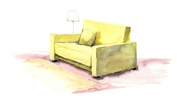 Aquarell gelbes Sofa mit Kissen und Lampe. Hand auf weißem Hintergrund bemalt. — Stockfoto