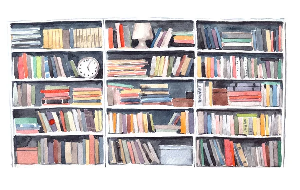 Акварель. Современный библиотечный зал с большим количеством цветных книг — стоковое фото