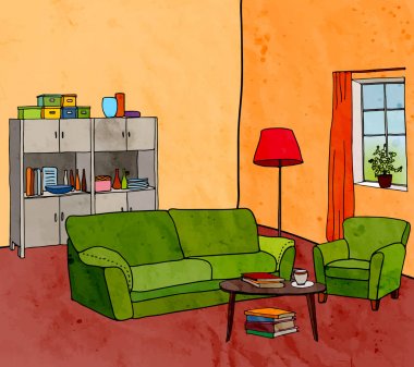 Renk modern oturma odası mobilya ile vektör çizim: kanepe, koltuk, Masa, dolap, lamba, pencere, tencere, saat. Sulu Boya doku.