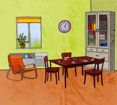 Renk modern yemek odası mobilya ile vektör çizim: koltuk, Masa, sandalye, dolap, pencere, tencere, saat. Sulu Boya doku.