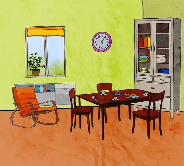 Kleur vectorillustratie van moderne eetkamer met meubels: fauteuil, tafel, stoelen, kast, venster, potten, klok. Aquarel textuur. — Stockvector