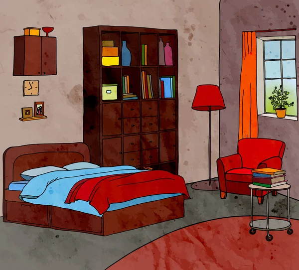 Farbvektorillustration des modernen Schlafzimmers mit Möbeln: Bett, Sessel, Tisch, Schrank, Lampe, Fenster, Töpfe, Uhr. Aquarellstruktur. — Stockvektor