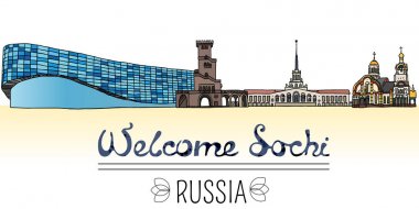 Sochi, Rusya'nın simge kümesi. Vektör çizim. İş seyahat ve Turizm. Rus mimarisi. Renk siluetleri Sochi içinde bulunan ünlü binaların.