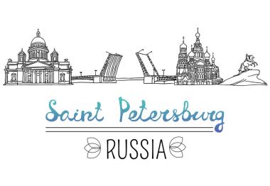 Saint Petersburg, Rusya'nın simge kümesi. Vektör çizim. Rus mimarisi. Siyah kalem çizimler ve St. Petersburg'da bulunan ünlü binaların siluetleri.