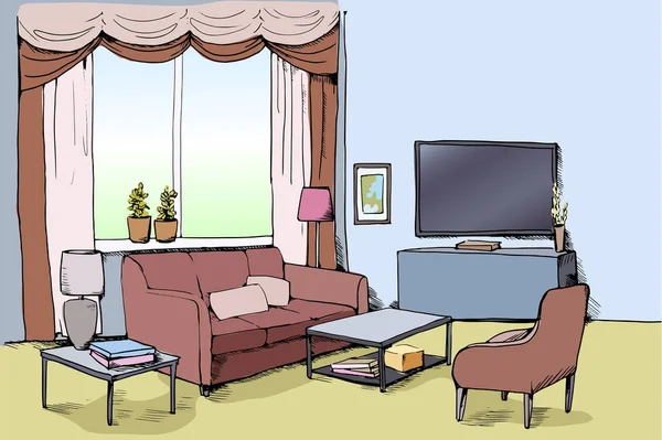 Farbvektorillustration des modernen Wohnzimmers mit Möbeln: Sofa, Sessel, Tisch, Lampe, Fenster, Fernseher. — Stockvektor