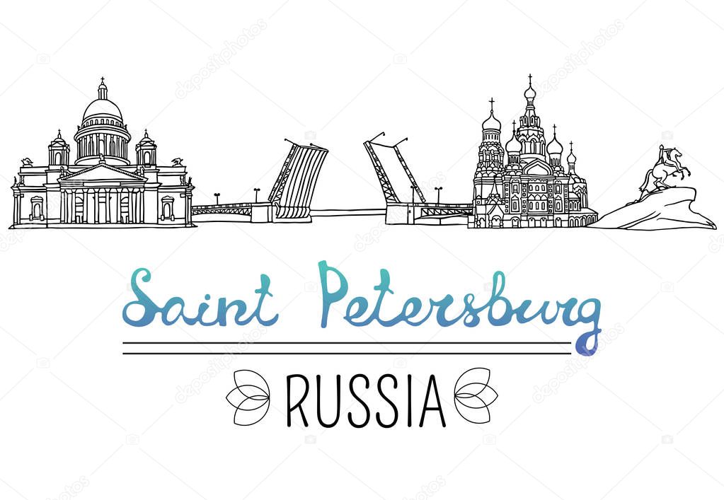 Set of the landmarks of Saint Petersburg, Russia. Vector Illustration. Russian architecture. Black pen sketches and silhouettes of famous buildings located in St. Petersburg.