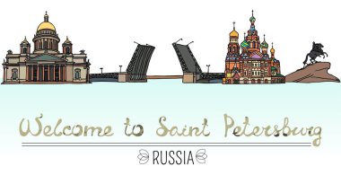Saint Petersburg, Rusya'nın simge kümesi. Vektör çizim. Rus mimarisi. Renk siluetleri St. Petersburg'da bulunan ünlü binaların.