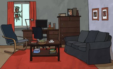 Renk modern oturma odası mobilya ile vektör çizim: halı, tablo, tekli, bilgisayar, pencere, tencere, Resepsiyon. Sulu Boya doku.