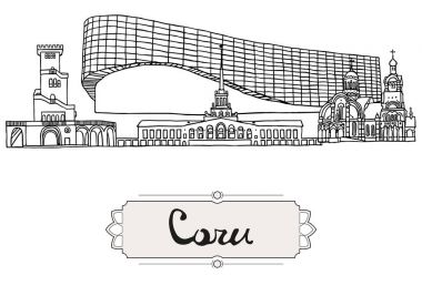 Sochi, Rusya'nın simge kümesi. Vektör çizim. İş seyahat ve Turizm. Rus mimarisi. Siyah kalem çizimler ve Sochi içinde bulunan ünlü binaların siluetleri.
