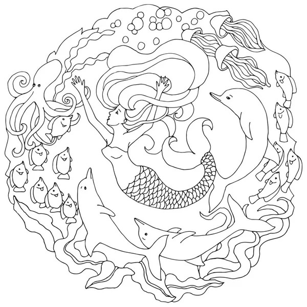 Dekoratives Element mit Meerjungfrau, Delphinen, Fischen, Algen. Schwarz-Weiß-Vektorillustration für Malvorlagen oder andere. — Stockvektor