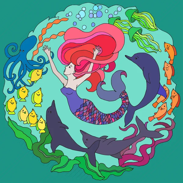 Elemento decorativo com sereia, golfinhos, peixes, algas. Ilustração de vetor de cor brilhante . —  Vetores de Stock