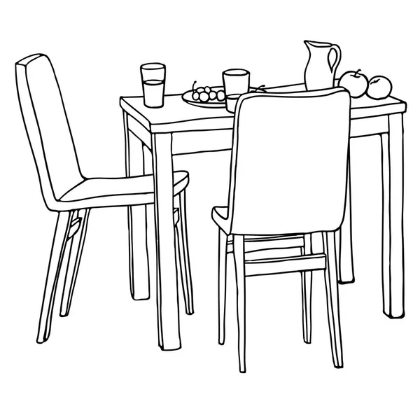 Dibujo interior dibujado a mano. Mesa de cocina con comida de la mañana, dos sillas. Ilustración vectorial en blanco y negro . — Vector de stock