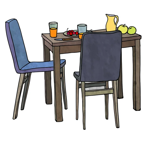 Ilustración de vectores de color. Mesa de cocina con comida de la mañana, dos sillas . — Vector de stock