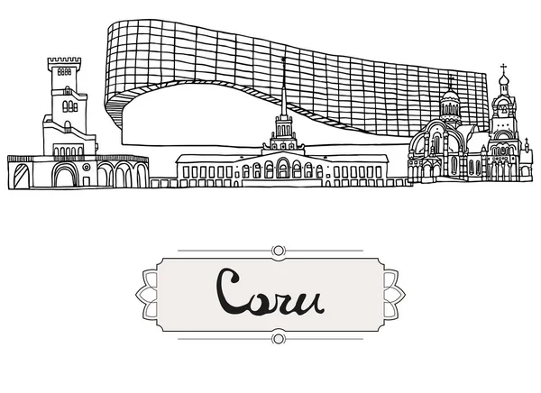 Set dei punti di riferimento di Sochi, Russia. Illustrazione vettoriale. Viaggi d'affari e turismo. Architettura russa. Schizzi di penne nere e sagome di famosi edifici situati a Sochi . — Vettoriale Stock