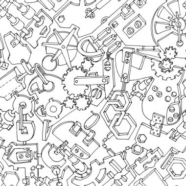 Seamless pattern made of various gears and technical details. Creative steampunk mechanical background. Vector illustration. Black contours on white background. clipart