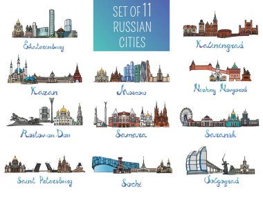 Set of 11 russian cities - Moscow, Saint Petersburg, Kazan, Volgograd and other. Vector Illustration. Russian architecture. Color silhouettes of famous buildings located in the cities clipart