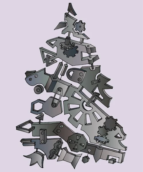 Ongewone fir boom gemaakt van staal en metalen tandwielen. Creatieve steampunk mechanische object. Vectorillustratie. — Stockvector