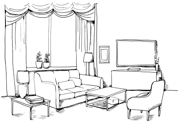 Векторная иллюстрация современной гостиной с мебелью: диван, кресло, стол, лампа, окно, телевизор. Чёрные линии . — стоковый вектор