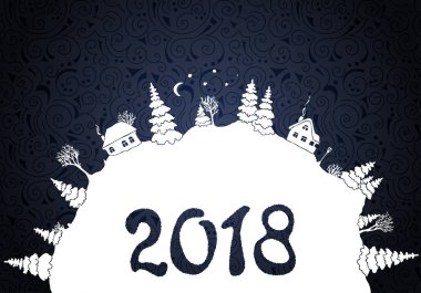 Yeni yıl 2018 arka plan beyaz siluetleri kış kırsal manzara ile: firs, ağaçlar, evler, çalılar, snowdrifts, ay ve yıldız. Vektör çizim.