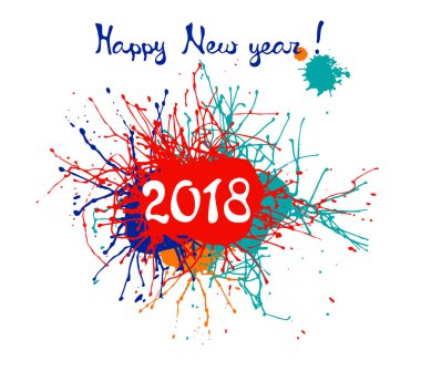 Yeni yıl 2018 tasarlamak. Parlak mürekkep su sıçramalarına. Renkleri kırmızı, turuncu, Indigo. Beyaz arka plan üzerinde izole vektör çizim.
