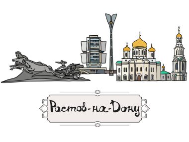 Rostov-on-Don şehir, Rusya yerlerinden kümesi. Rostov-on-Don içinde bulunan ünlü binaların Colori llustrations. Beyaz arka plan üzerinde vektör çizim.