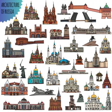 Etraftaki şehirler - Moskova, St. Petersburg, Kazan, Volgograd, Soçi, Saransk ve diğer yer alan Rus ünlü binalar kümesi. Vektör çizim.