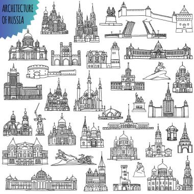 Set of russian famous buildings located in the cities - Moscow, Saint Petersburg, Kazan, Volgograd, Sochi, Nizhny Novgorod and other. Vector Illustration black outlines for coloring pages or other. clipart