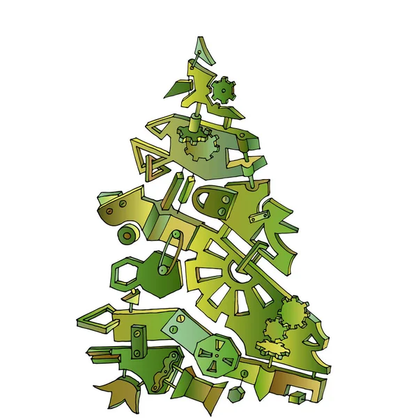 Ongewone fir tree gemaakt van groen staal en metalen tandwielen. Creatieve steampunk mechanische object. Vectorillustratie, geïsoleerd op witte achtergrond. — Stockvector