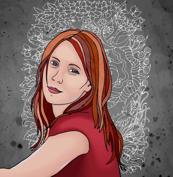 Porträt eines jungen schönen Mädchens mit langen roten Haaren. trägt rotes Kleid. Vektor-Illustration auf dunkel strukturiertem Aquarell-Hintergrund. — Stockvektor