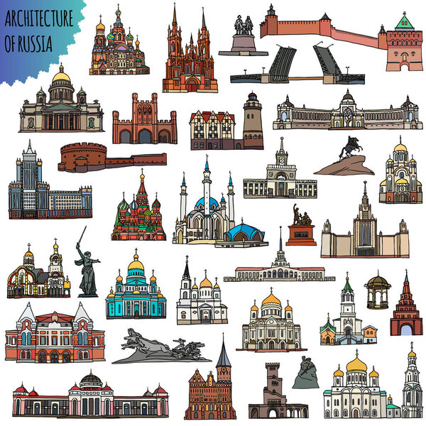 Set of russian famous buildings located in the cities - Moscow, Saint Petersburg, Kazan, Volgograd, Sochi, Saransk and other. Vector Illustration.