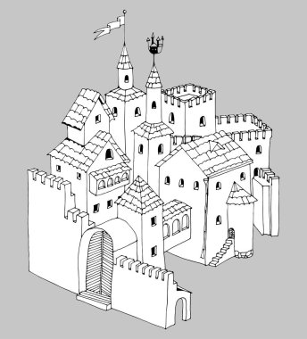 Masal kalesi, grafik vektör çizim ro boyama sayfaları veya diğer. Ana hatlarıyla siyah.