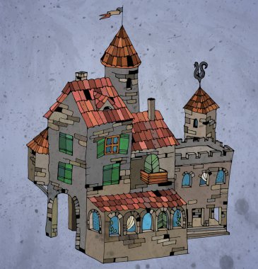 Eski peri yaratıcı tuğla ev veya konak. Vintage tarzı, dokulu renkli vektör çizim.