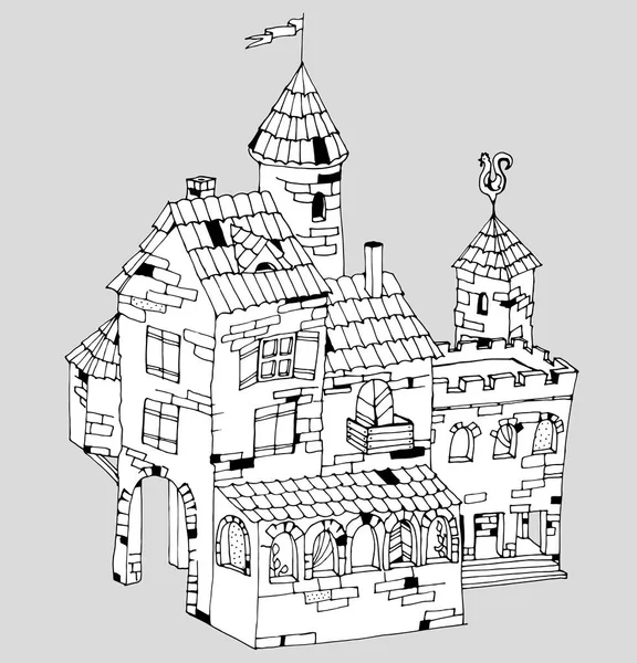 Saga gamla tegelhus eller mansion, grafisk vector illustration ro färgläggning sidor eller andra. — Stock vektor