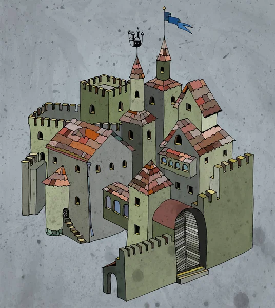 童话创意城堡或堡垒。复古风格, 纹理颜色矢量插图. — 图库矢量图片