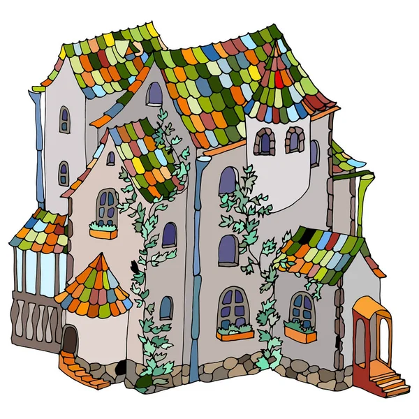 Conte de fées maison créative lumineuse avec des plantes sur fond blanc. Illustration vectorielle . — Image vectorielle