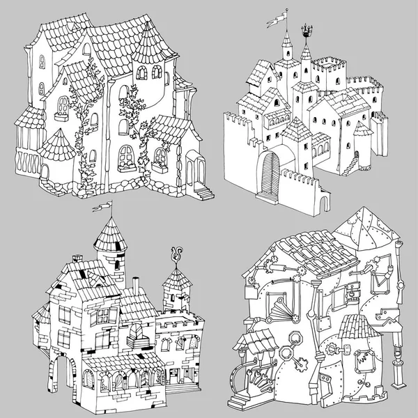 Zestaw czterech bajki starożytnych domów i zamków, wektor graficzny ilustracja do kolorowania stron lub innych. — Wektor stockowy