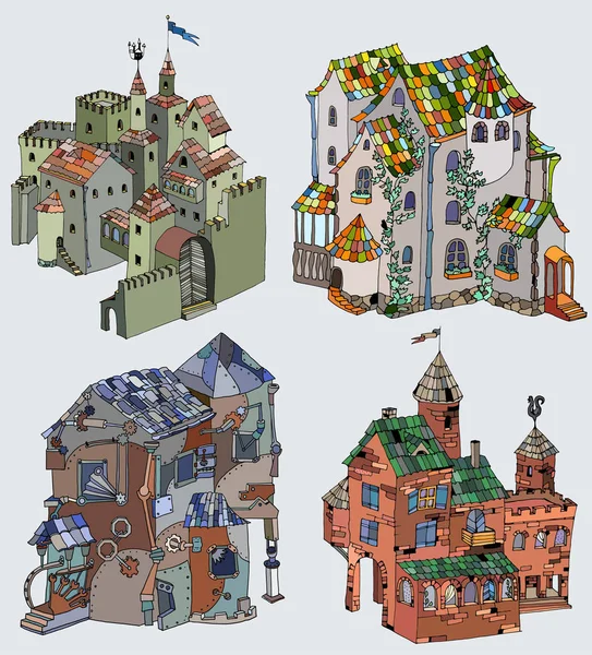 Ensemble de quatre vieilles maisons en pierre de fée ou demeures et châteaux. Illustration vectorielle couleur . — Image vectorielle