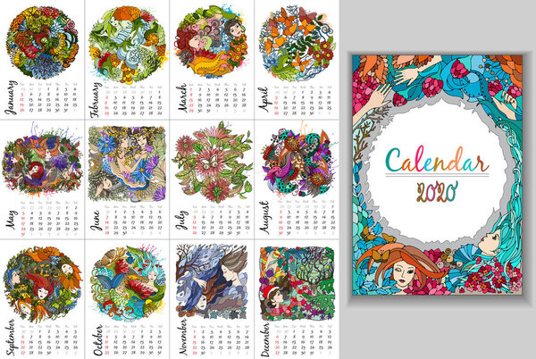 Monthly creative calendar 2020 Week Starts Sunday. Set of bright floral decorative element. Color vector illustration.