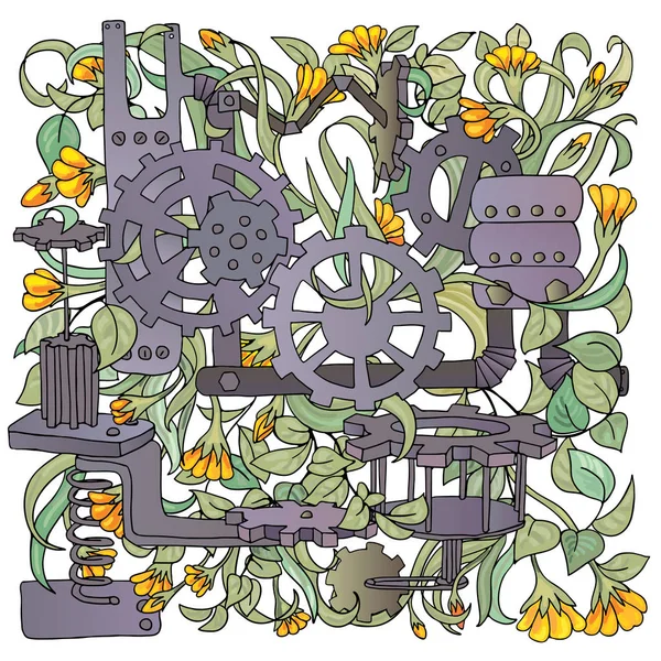 Kreative helle Steampunk mechanische florale Hintergrundmuster aus bunten Zahnrädern mit Blumen und Blättern auf weißem Hintergrund. ökologisches Konzept. Vektorillustration. — Stockvektor