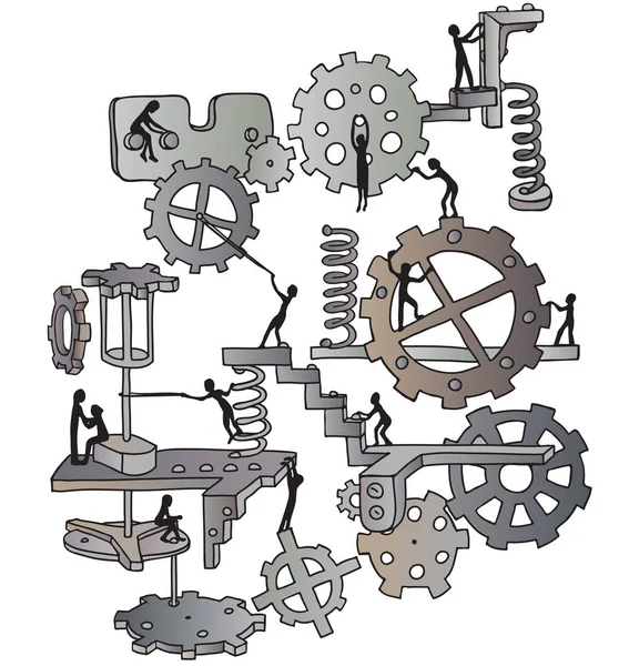 Kreatives Muster aus Stahl und metallischen Zahnrädern auf dunklem, strukturiertem Hintergrund mit kleinen Männern. kreative mechanische Steampunk-Kulisse. Arbeitskonzept. Vektorillustration. — Stockvektor