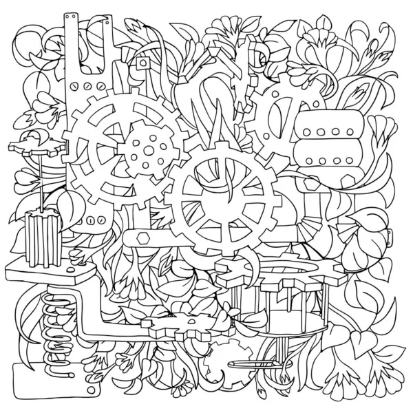 Kreative schwarze Stift Steampunk mechanischen floralen Hintergrund Muster aus Zahnrädern mit Blumen und Blättern auf weißem Hintergrund. Ausmalbilder. Vektorillustration. — Stockvektor