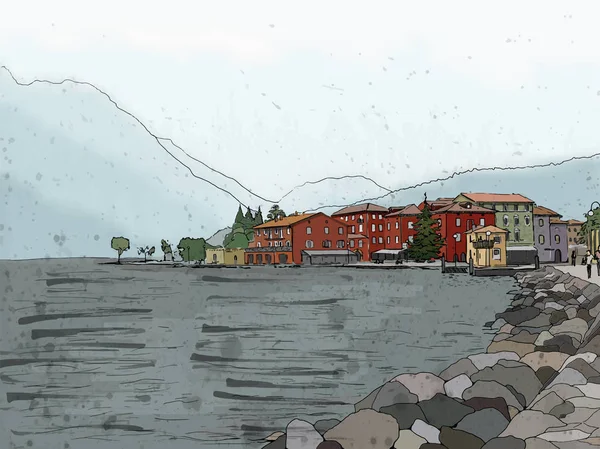 Illustrazione vettoriale della vista sul lago e sulle montagne - città di Torbole sul lungomare del Lago di Garda, Trentino Alto Adige. Acquerello strutturato . — Vettoriale Stock