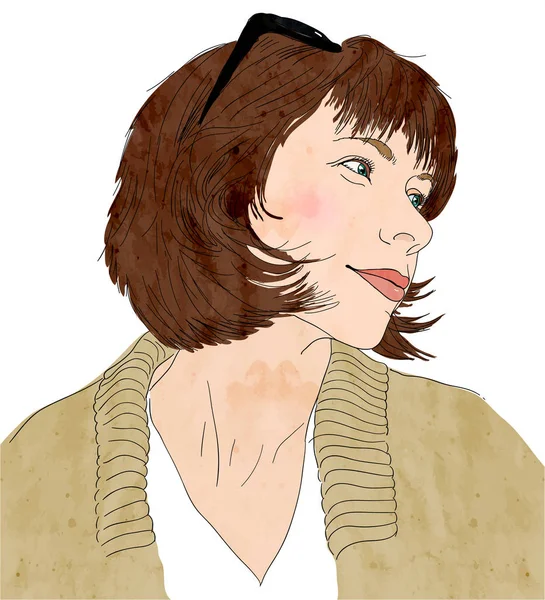 Lächelndes junges Mädchen mit schulterlangen braunen Haaren, Sonnenbrille über dem Kopf. trägt Jacke. Farbvektorillustration, Aquarell texturiert. — Stockvektor