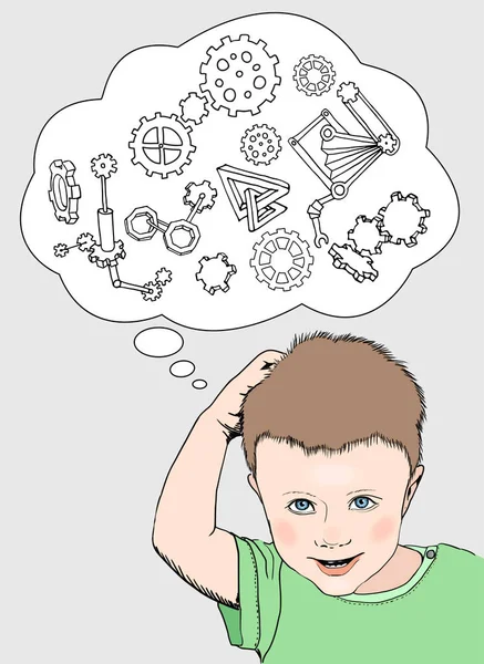 Child thinking with a thought bubble with gears on the background, concept for inspiration and solution — 스톡 벡터