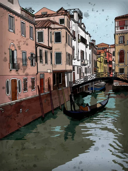 Canal Venise Avec Gondole Pont Illustration Texturée Vectorielle — Image vectorielle