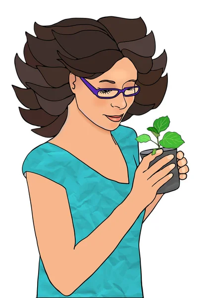 Beautiful Brunette Girl Lush Hairstyle Wearing Glasses Holding Pot Spring — Stock Vector