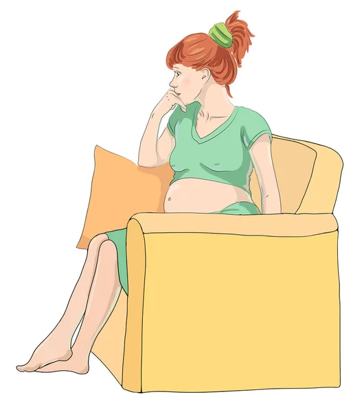 Задумчивая Беременная Женщина Сидит Кресле Подушкой Смотрит Сторону Одетая Домашнюю — стоковый вектор