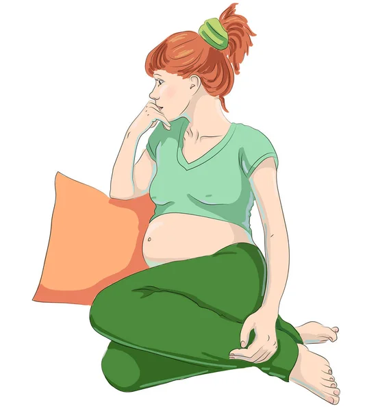 Sitting Thoughtful Pregnant Woman Looking Aside Wearing Home Clothes Vector — Stock Vector