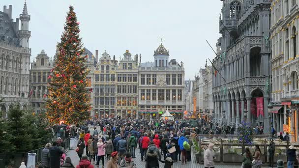 БРЮССЕЛЬ, БЕЛЬГИЯ. Гранд Плейс. Захваченная площадь на Рождество в Брюсселе, Бельгия, 26 декабря 2016 года — стоковое видео