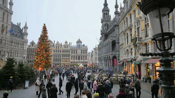 BRUXELLES, BELGIO Grandioso posto. Grande piazza affollata a Natale a Bruxelles, Belgio, il 26 dicembre 2016 — Video Stock